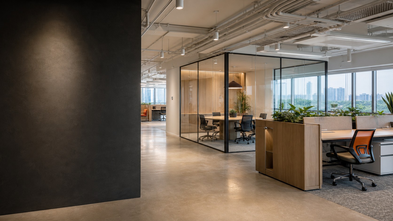 Illustrative office fit-out with glass meeting rooms and open workstations