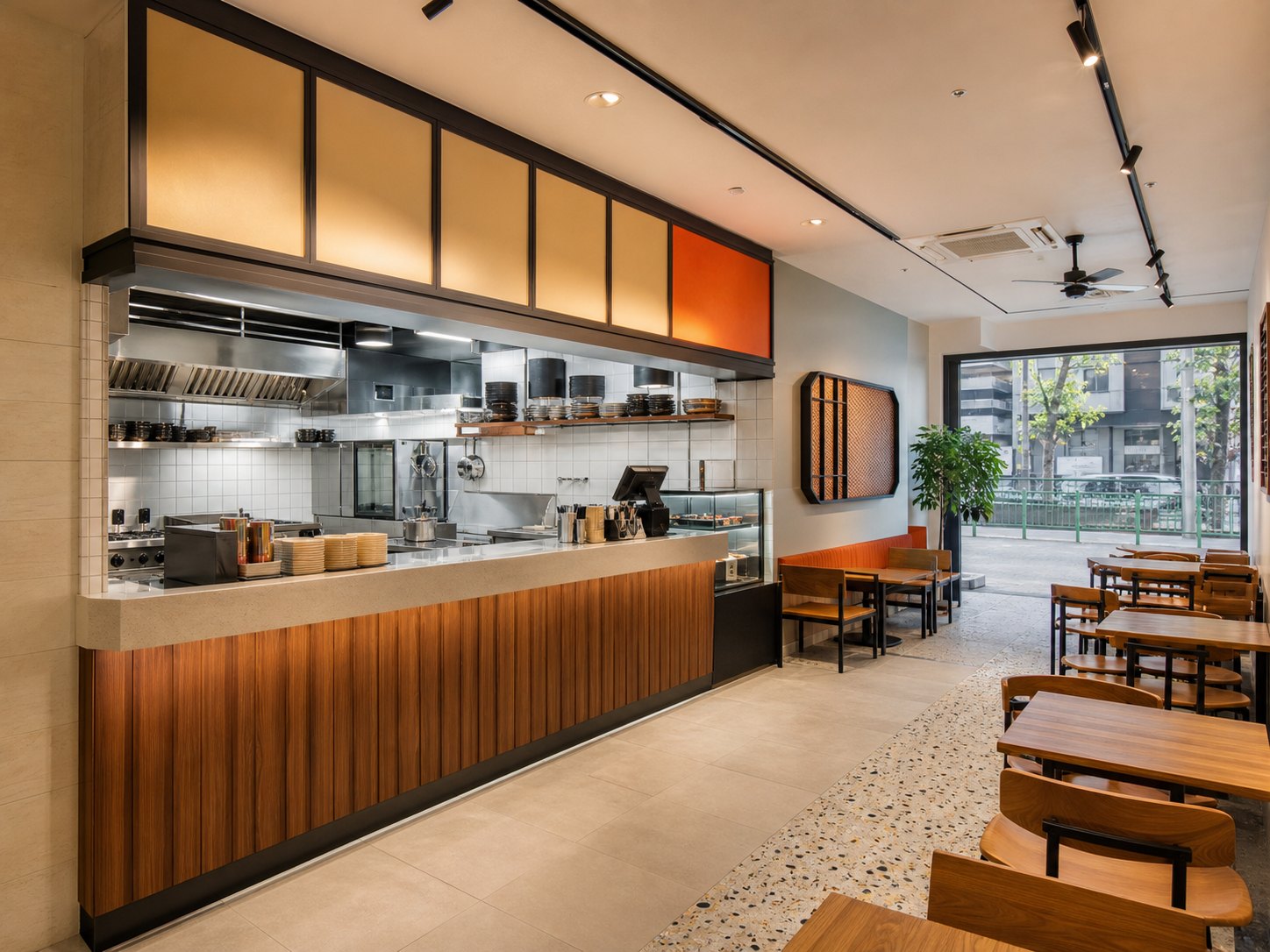 Illustrative F&B fit-out with open kitchen counter and dining area