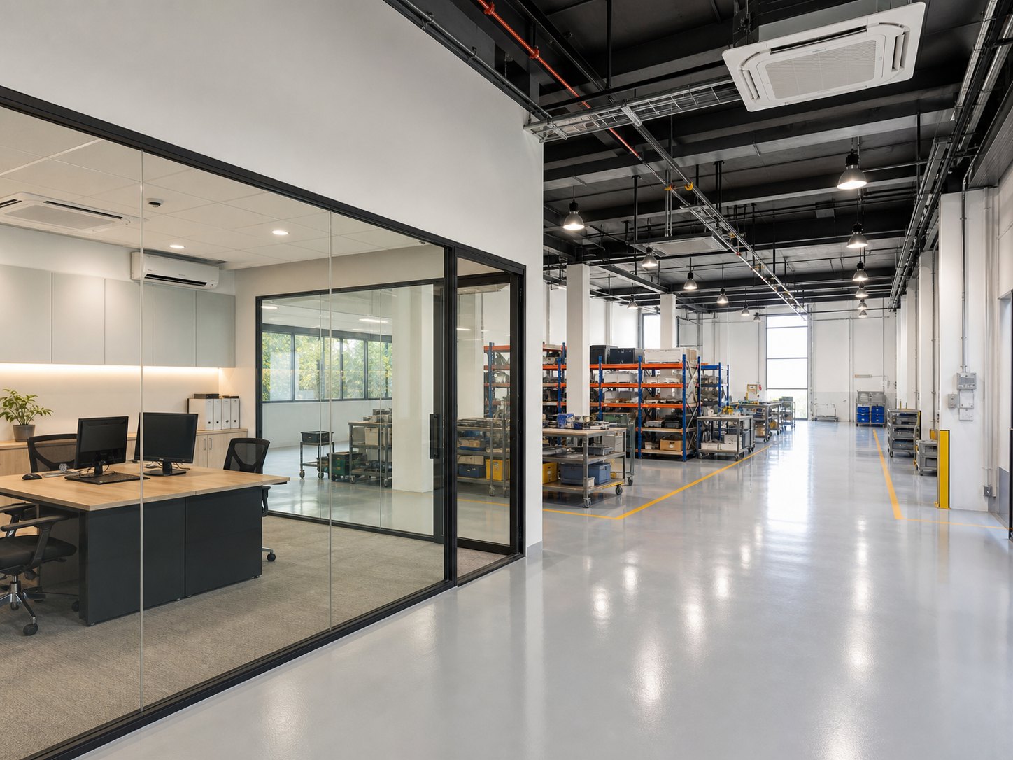 Illustrative industrial fit-out with factory office and workshop